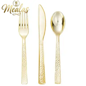 120 Pieces Plastic Silverware Set, Diamond Pattern Hammered Design, Gold Plated Cutlery for Parties Birthdays Weddings