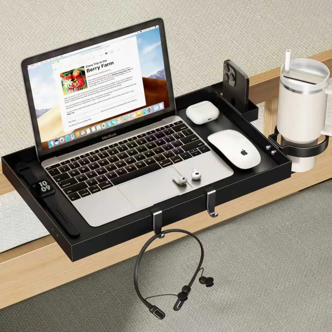 Clip-On Floating Bedside Shelf - Dorm Room Bunk Bed, Top Bunk & Loft Nightstand Storage, College Dorm Room Essentials & Inspo, Black Bedside Caddy Tray Decor, Dorm Room Inspo