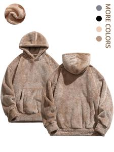 men's solid pocket long sleeve fuzzy hoodie, loose casual hooded sweatshirt for fall, drippy outfits, going out outfit, cozy fall outfits