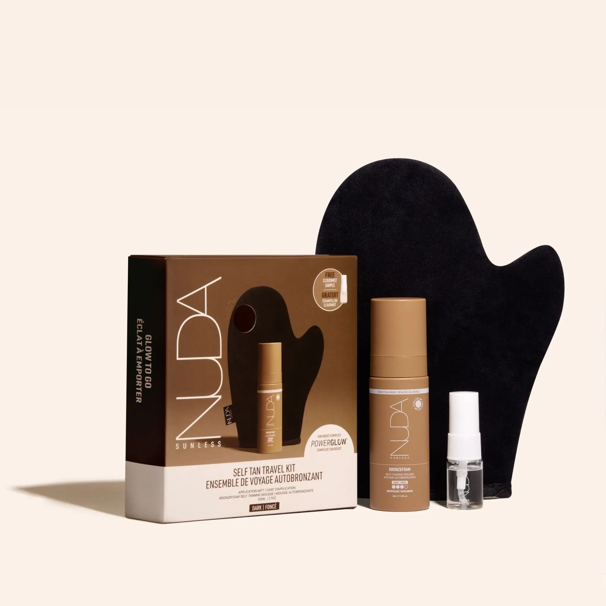 Nuda Travel Self Tanning Kit | Includes Self Tanning Mitt Applicator, 50mL Dark Self Tanning Mousse, & 5mL Original Face Tanner Spray | Travel Size Self Tanner Kit for a Nourishing Head-to-Toe Tan Bronzing Lotion Body Care