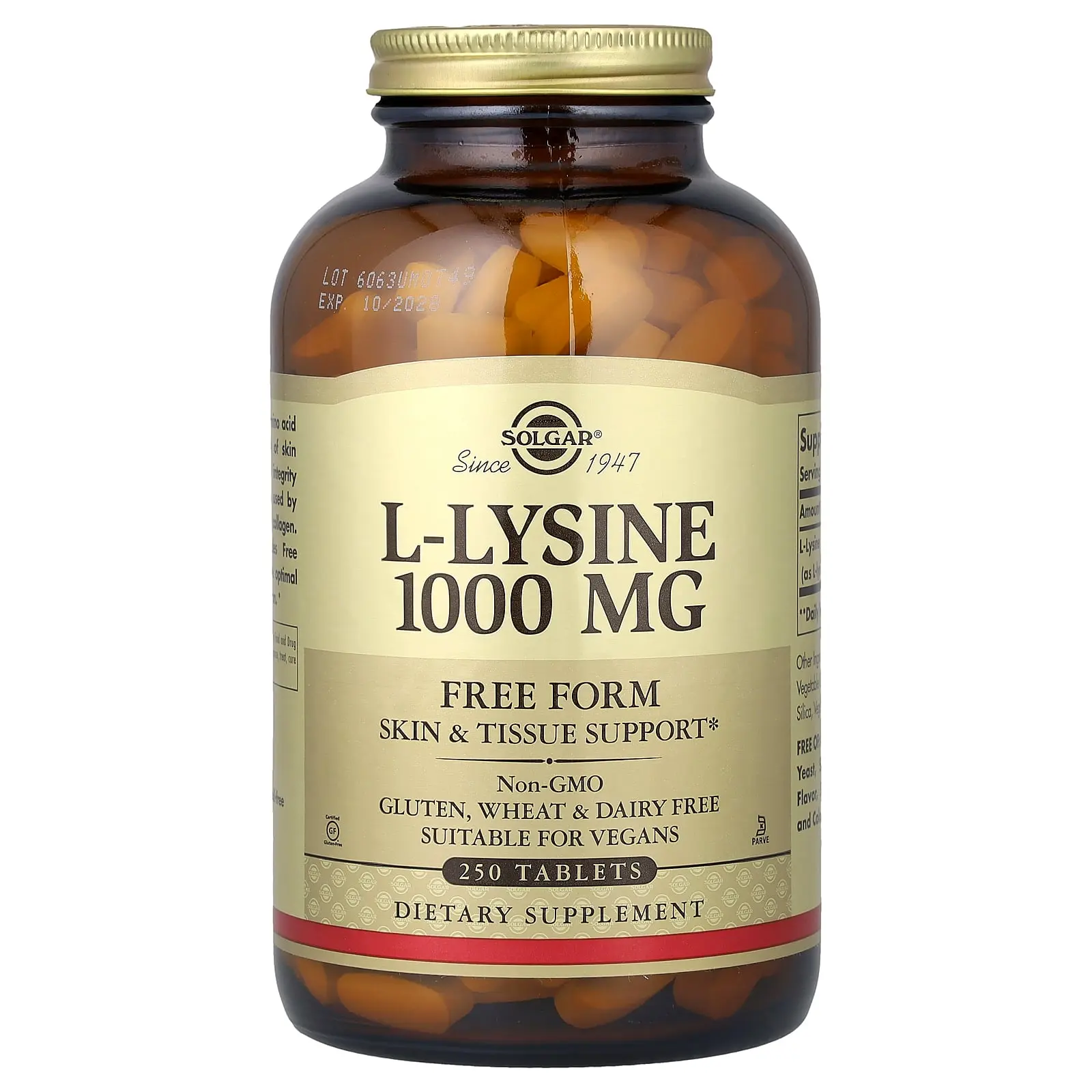 Solgar L-Lysine, Free Form, 1,000 mg, 250 Tablets