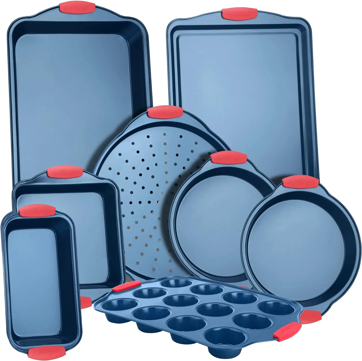 NutriChef 8-Piece Nonstick Bakeware Set - PFOA, PFOS, PTFE-Free Carbon Steel Baking Trays w/Heatsafe Silicone Handles, Oven Safe Up to 450°F, Pizza Loaf Muffin Round/Square Pans, Cookie Sheet