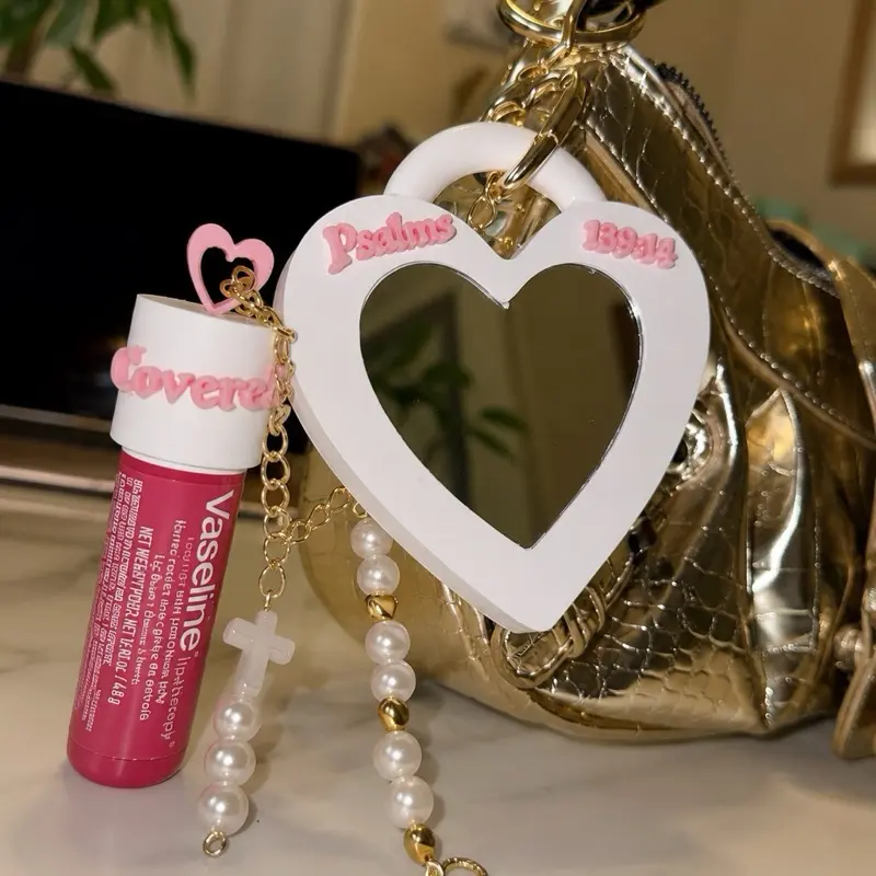 Covered Heart Mirror & Lip Gloss Holder Bag Charm | Christian Purse Accessory