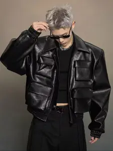 Men's Solid Color Snap Button & Zipper Closure Multi-pocket PU Leather Jacket, Regular Fit Street Fashion Casual Trendy Coat Comfy Long Sleeve Collared PU Leather Outerwear for Daily Wear, Men Cloths for All Seasons