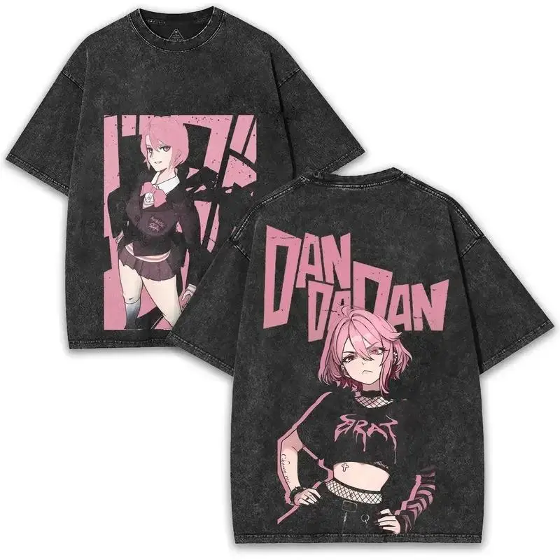 Menswear Anime DanDaDan Graphic Print Short-Sleeve Casual T-Shirt, Vintage Washed Distressed Cotton, Festive Oversized Y2K Streetwear Hip Hop Top for Men, Shortsleeve, Round Neck