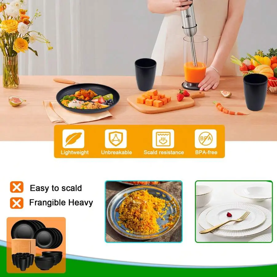 16 Piece Kitchen Wheat Straw Dinnerware Set, Service For 4, Dinner Plates, Dessert Plate, Cereal Bowls, Cups, Unbreakable Plastic Outdoor Camping Dishes, Black