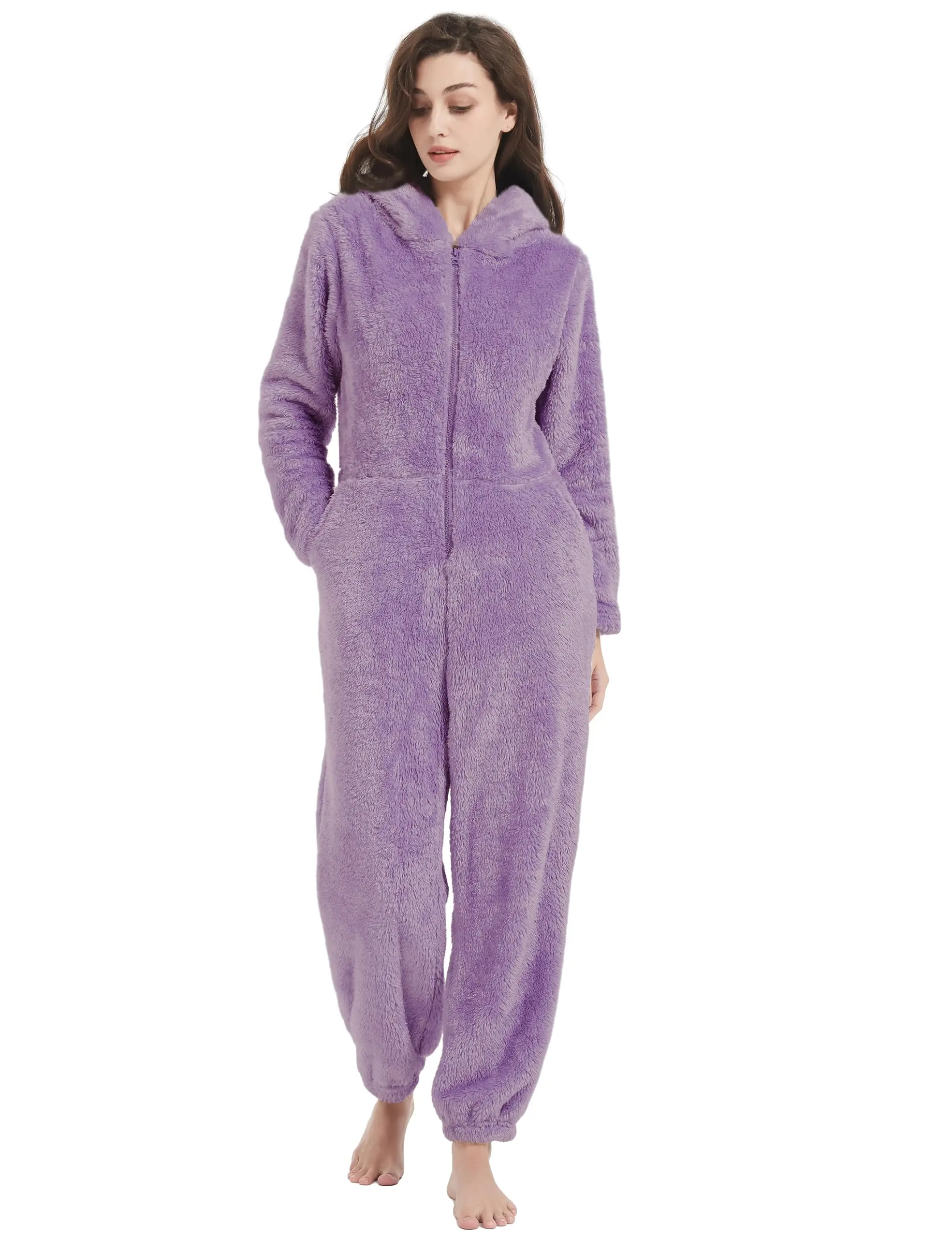 Women's Onesies Pajamas Sherpa Fleece One Piece Romper Zipper Cute Hooded Jumpsuit Soft Fuzzy Warm Winter Loungewear Costume Furry Breathable Womenswear