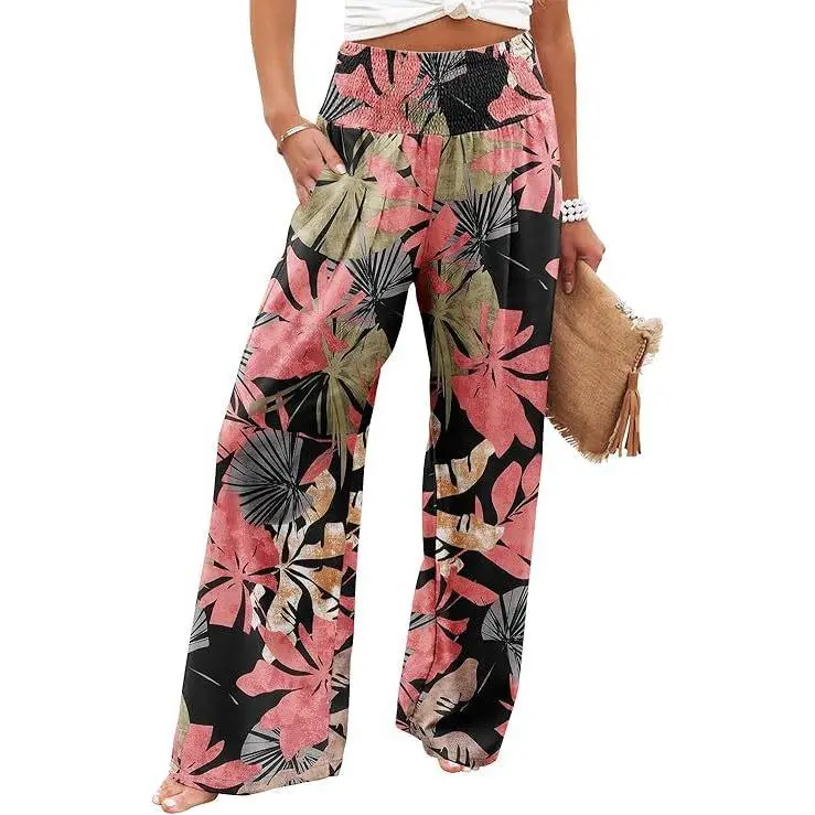 Women’s High-Waist Crop Wide-Leg Pants - Colorful Floral Everyday Fabric Fit, Casual Beach Bottoms with Pockets