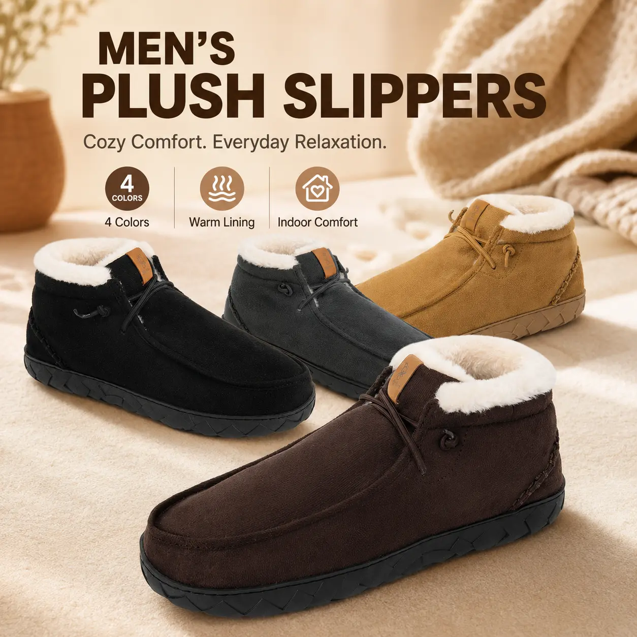 XJYQZFJT Men's Moccasin Slippers, Soft Fabric Footwear with Warm Faux Fur Lining, Stylish Round Toe House Shoes for Indoor Outdoor, Slip On, Office, Ankle, Holiday, Flexible, Casual, Textured, Soft Suede, All Seasons, Flexible Eva, Indoor Wear