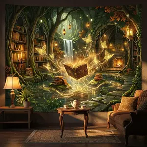 Kanuyee Magic Forest Library Wall Tapestry, Enchanted Waterfall and Floating Book Art Tapestries for Room Decor, Fairy Tale Tapestry 60" x 44"