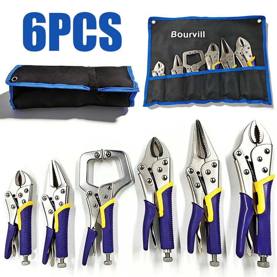 6-Piece Locking Pliers, Vice Grips Pliers Set, 5",7" & 10" Curved Jaw Locking Pliers, 6-1/2" & 9-1/2 Long Nose Locking Pliers, 6" Locking C-Clamp, Two-Color TPR Handle, Roll Up Pouch Included