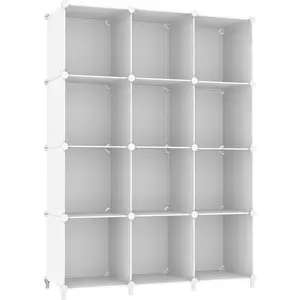 Cube Storage Organizer 12 Cube DIY Bookshelf Plastic Closet Clothes Storage Shelves with Wooden Mallet Stackable Storage Solution for Home Bedroom White