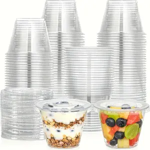 200 Pack 360ml Clear PET Disposable Dessert Cups, Disposable Tableware, Individual Cups, with Flat No-Hole Lids, Leak-Resistant Dustproof, Fridge Safe, To-Go Packaging for Mousse Yogurt Jelly Ice Cream, Catering Takeout, Wedding Birthday Party