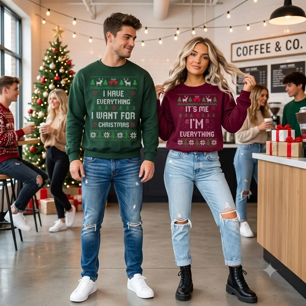 Mr and Mrs Matching Christmas Sweatshirts, Funny Ugly Xmas Crewnecks for Couples, Festive Holiday Sweater Set, Cute Christmas Gift for Him and Her, Cozy Winter Outfit - Tiffany Graphic Tee