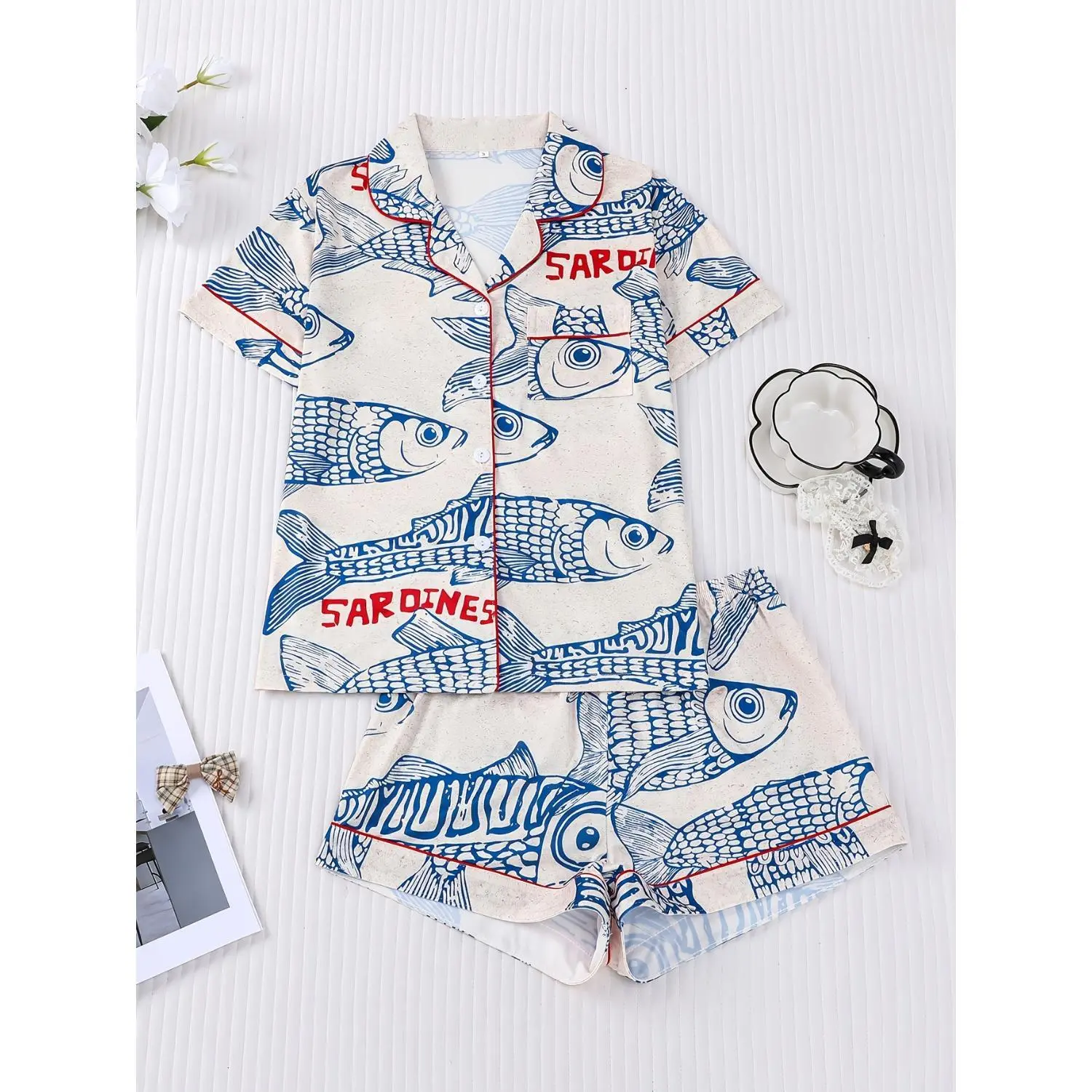 2pcs Ocean-Inspired Sardine Print Women's Pajama Set - Short Sleeve Button-Up Top and Shorts, Soft, Stylish, and Perfect for Home, Outdoor Relaxation, or Beach Getaways