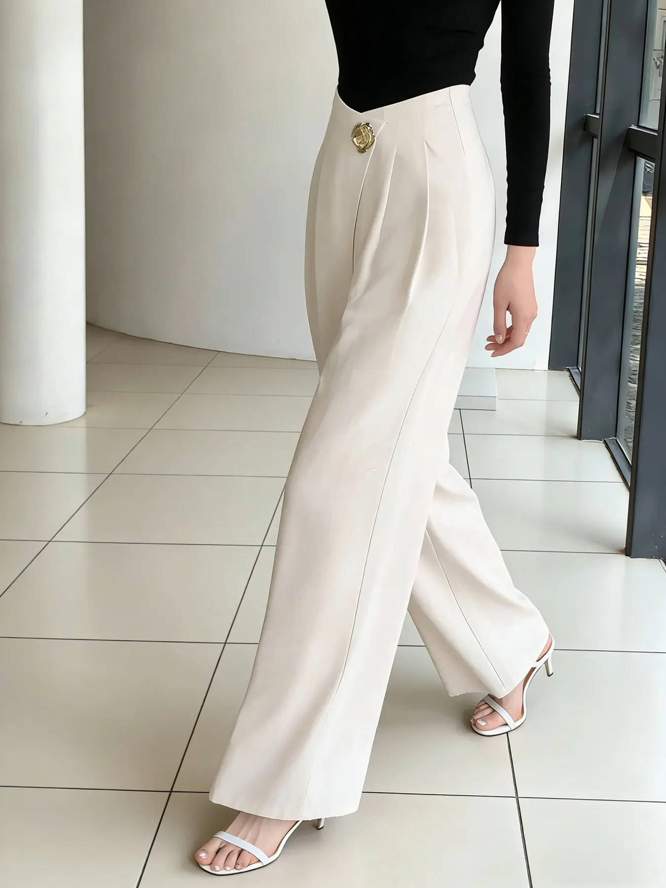 A stylish peach-colored high-waisted wide-leg pants for women, a sleek slim-fit office suit pants, a unique design casual long trousers suitable for all seasons, perfect for home, indoor, and outdoor wear, Fashion Pants, Loose Palazzo Pants