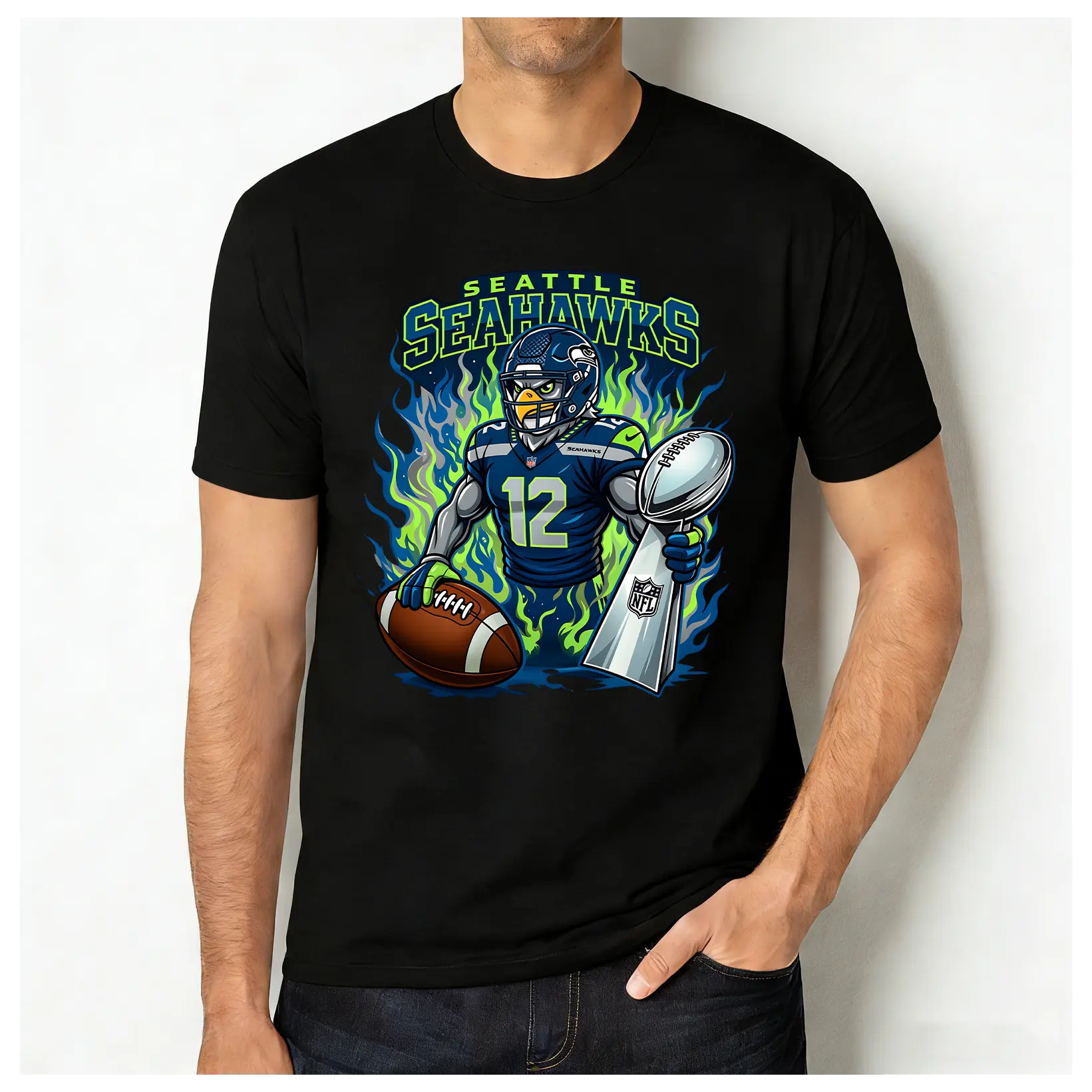 100% Cotton Seattle Football Mascot Sports Fan T-Shirt, Game Day Cheering Tee, Football Lover Gift