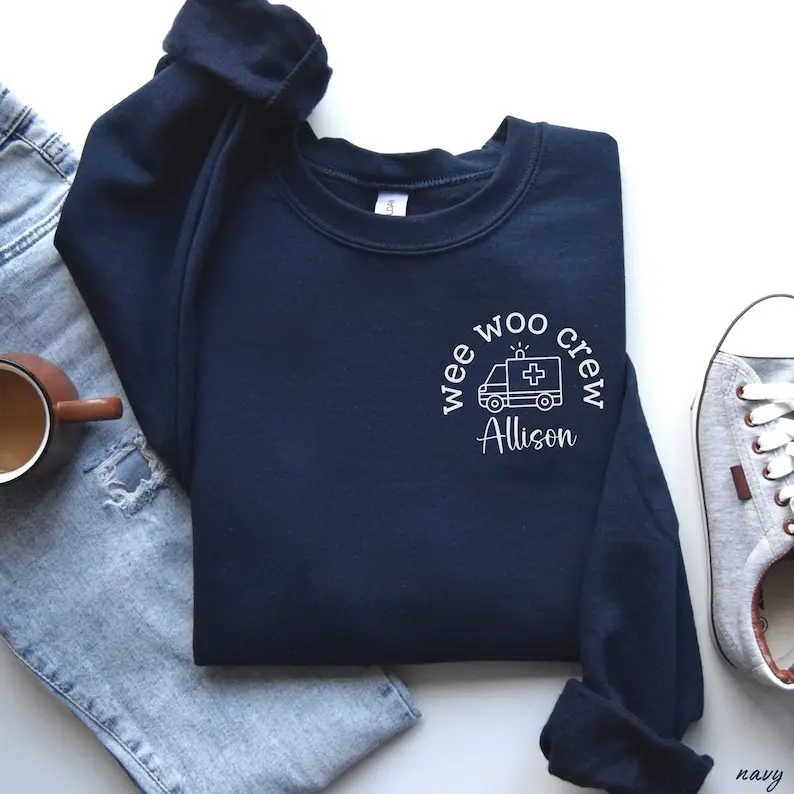 Custom Name Wee Woo Crew EMT Sweatshirt, Custom Paramedic Crewneck, Cute ER EMS Sweater, 911 Dispatcher Gift, Ambulance Shirt