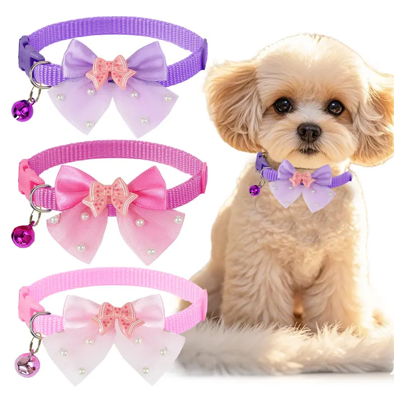 3pcs Pet Bowtie Collar with Pearl & Bell, Adjustable Nylon Cat Collar for Small Dogs and Cats Adjustable Collars