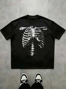 Black Skeleton Ribcage Graphic T-Shirt | Short Sleeve Crew Neck Tee | Double-Sided Distressed Skeleton Print | Edgy Streetwear for Men & Women | Retro Y2K Goth Aesthetic Tops for Summer & Everyday Wear
