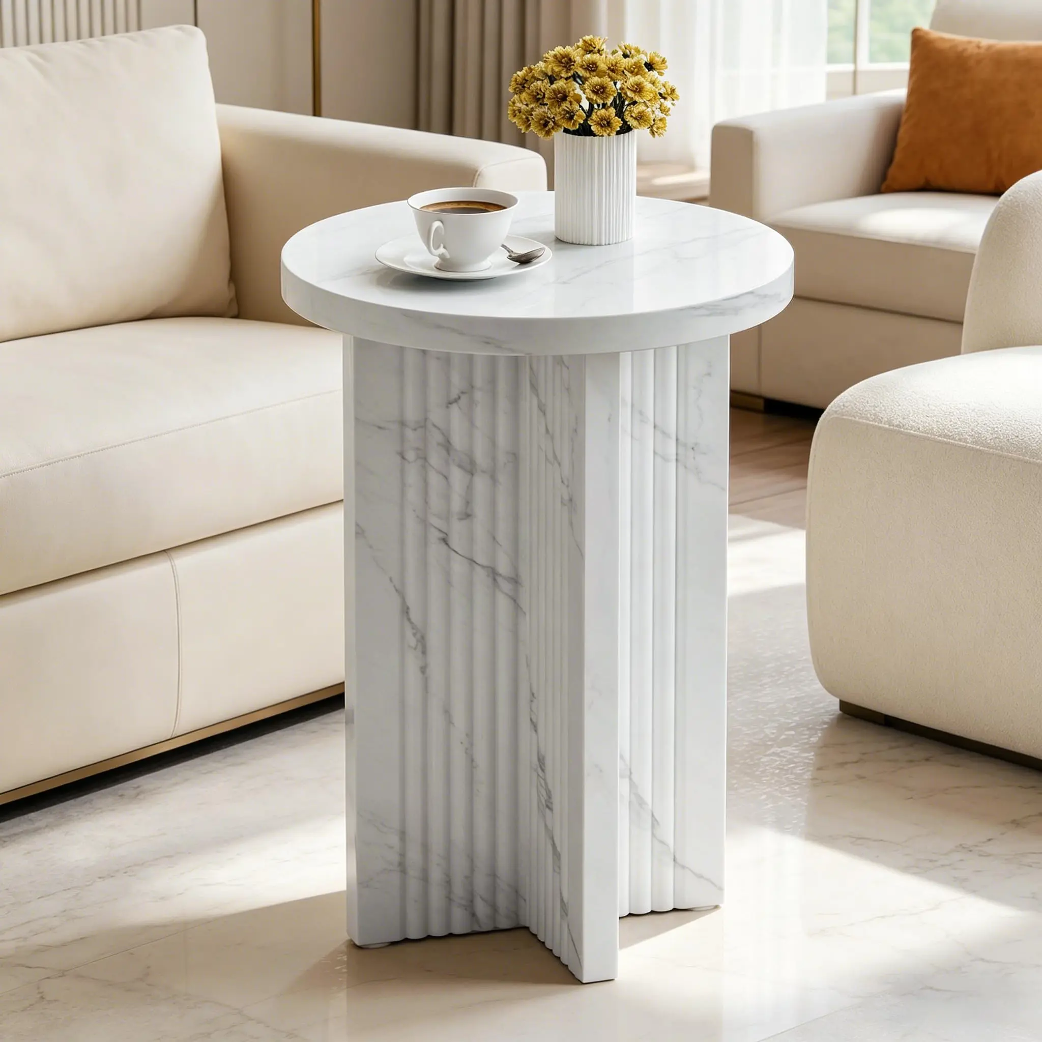 Giratree 15.7" Round Side Table with Marble-Look Top, Modern End Table with Scalloped Fluted Base, Small Circular Accent Table with Adjustable Feet for Living Room Bedroom