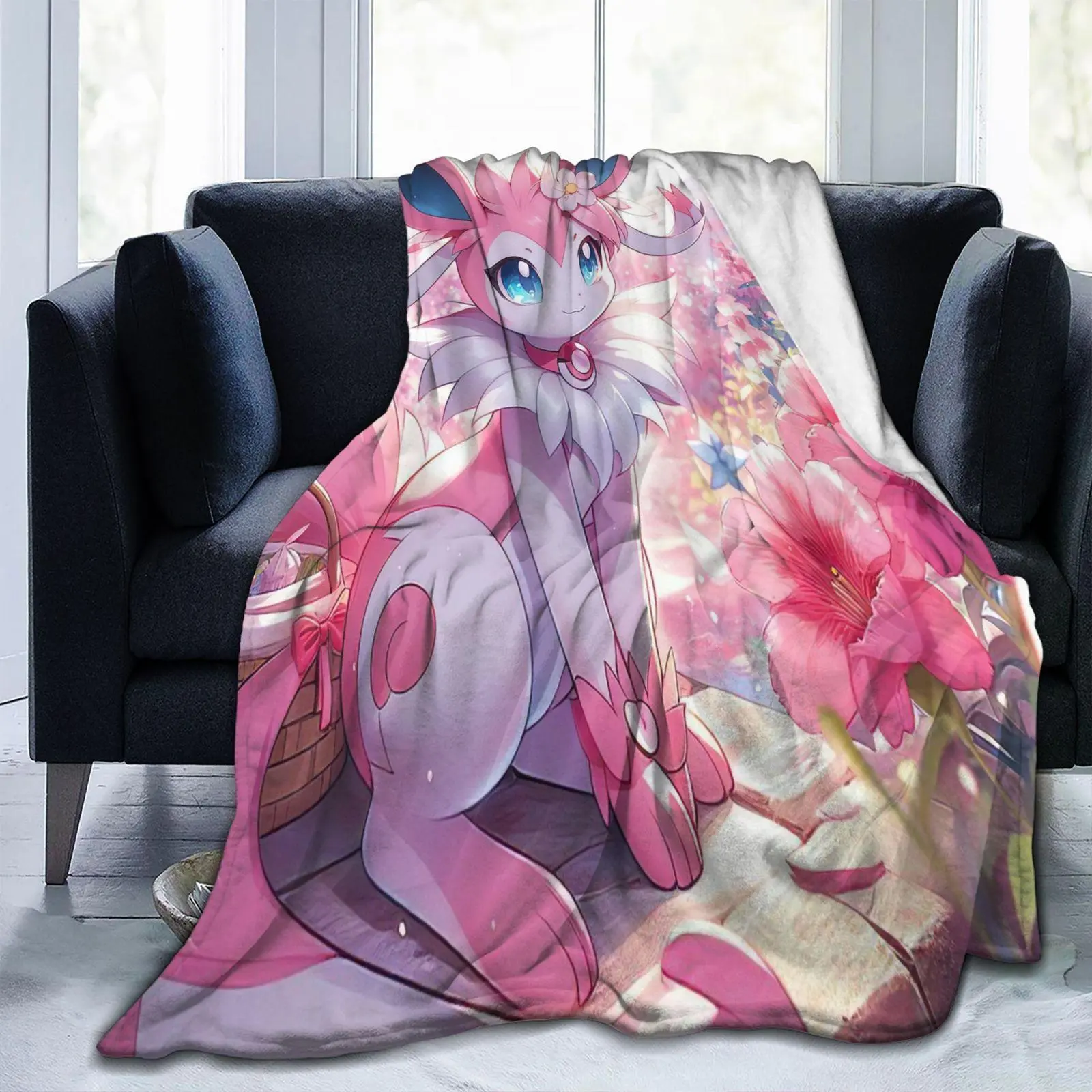 Cute Eevee Flannel Blanket Soft Cozy Plush Warm Character Graphic Throw for Bedroom, Dorm Room, Sofa, Couch and Home Decor