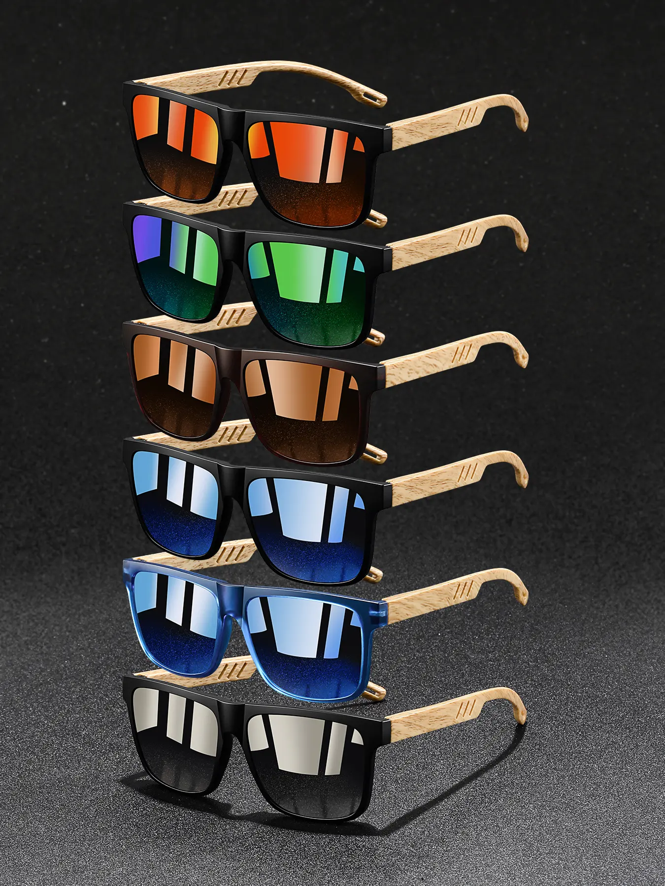 6 pairs of fashionable retro imitation wood grain square glasses,adopt lightweight and durable PC frame,minimally stylish neutral casual glasses,the perfect gift for your partner, Trendy Square Sunglasses