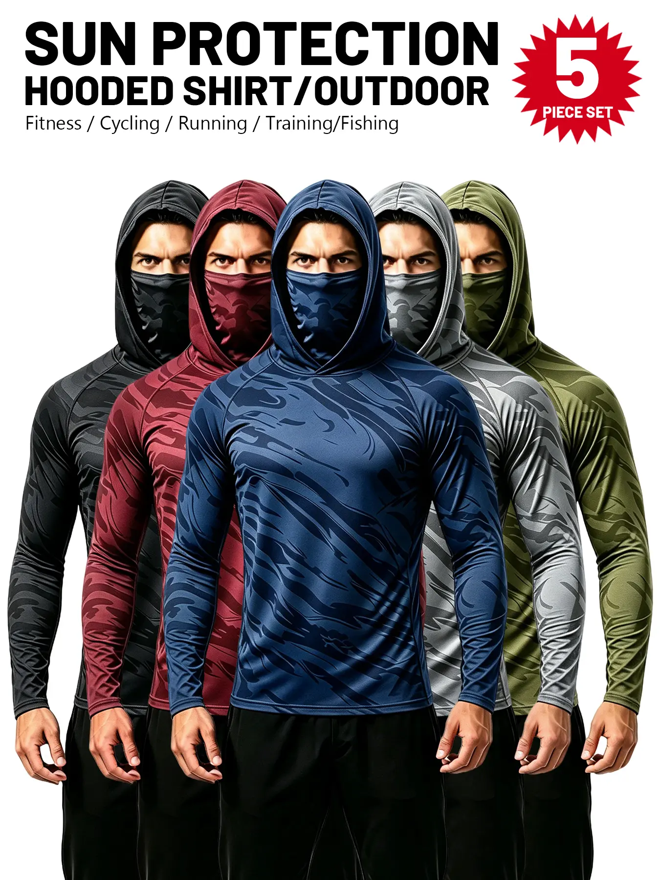 Men's Long Sleeve Shirt 5 Pack, Quick-Dry UPF 50+ Sun Hoodie with Face Mask and Thumbholes, Compression Fit for Fishing and Outdoor Work