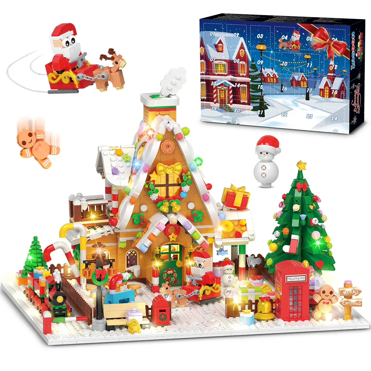 Advent Calendar Gingerbread House Mini Building Set with Lights, 24 Days Christmas Countdown Building Blocks Set with Christmas Tree Train, Suitable for Adults Teens Girls Boys Over 10 Santa Claus Character Combination Holiday Gift Toy
