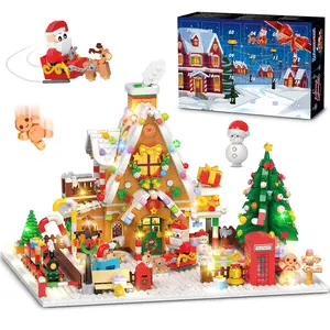Advent Calendar Gingerbread House Mini Building Set with Lights, 24 Days Christmas Countdown Building Blocks Set with Christmas Tree Train, Suitable for Adults Teens Girls Boys Over 10 Santa Claus Character Combination Holiday Gift Toy