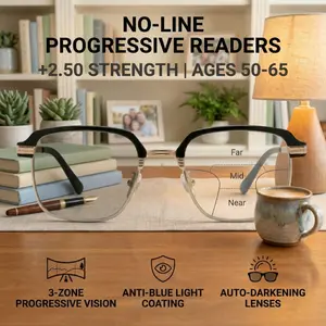 +2.50 No-Line Progressive Readers | 3-in-1 Multifocal, Photochromic & Anti-Blue Light (Fits +2.25 to +2.75)