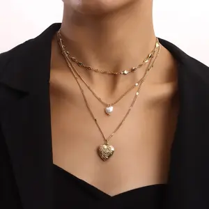 Female Sports & Outdoor Accessory Layered Heart Locket Necklace - Openable Design with Pearl Strand and Heart-Link Chain