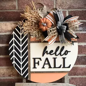 Hello Fall Pumpkin Wreaths,Wooden Door Sign for Front Door with Bow Rustic Fall Door Decorations Hanging for Holiday Farmhouse Home Office Shop Window