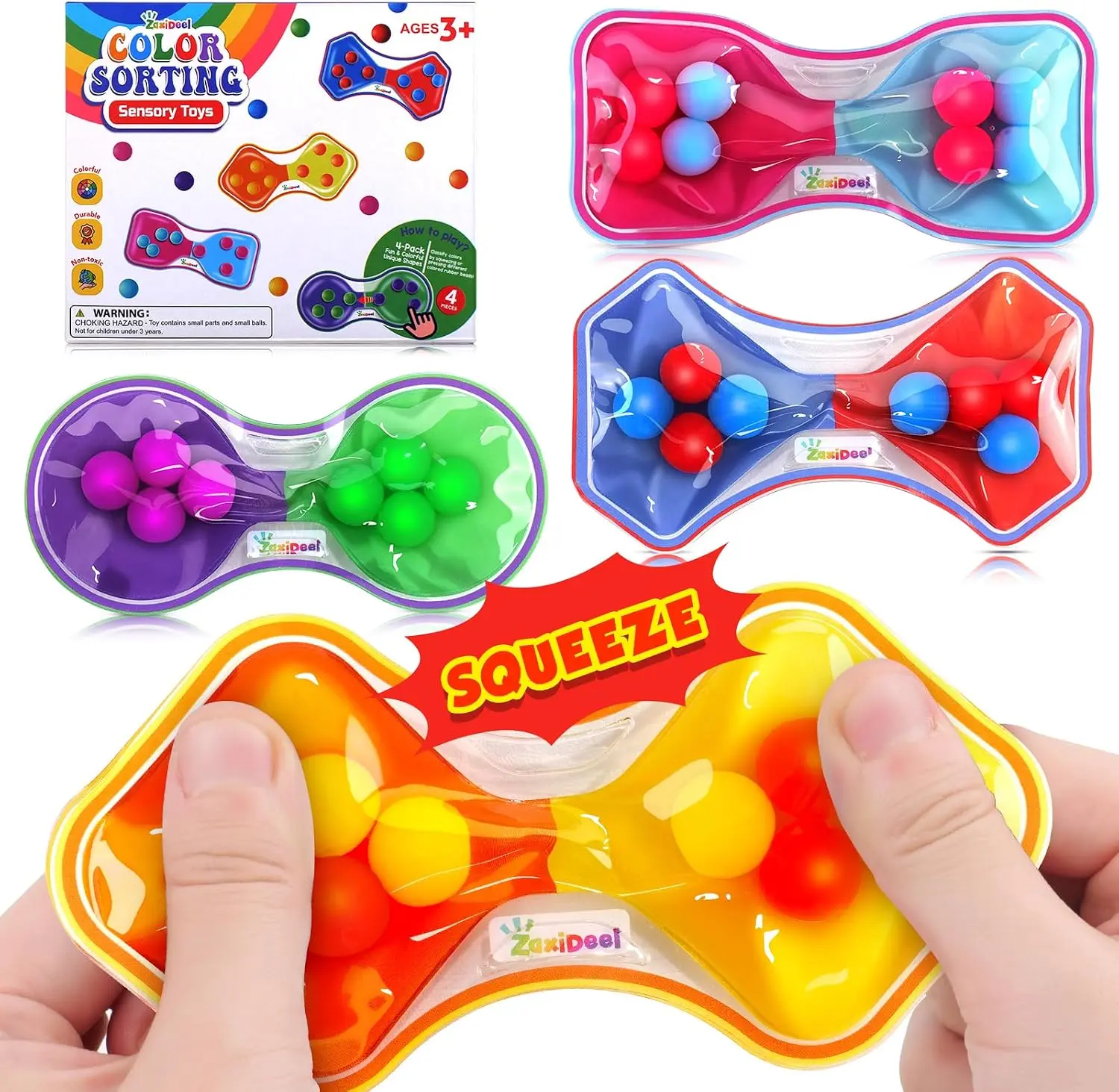 Sensory Fidget Toys for Kids Toddler: 4 Pack Color Sorting Squeeze Toys | Quiet Fidget Toys for Student Classroom - Sensory Calming Toys for ADHD Autism - Goodie Bags Stuffers
