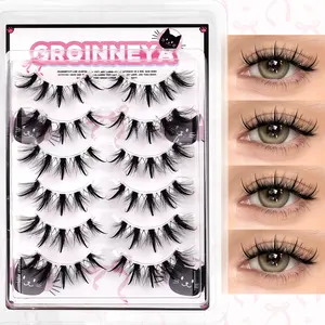 GROINNEYA 6 Pairs Wet Look Eyelashes Manga Style Lashes Anime Spiky False Eyelashes Little Devil Dramatic Eye Lashes 5D Wispy Fluffy Fake Eye Lashes Natural Cross Faux Mink Eyelashes With Clear Band,Suitable For Cosplay,Party And Daily Makeup