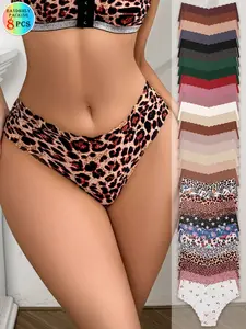 Random 8 Pack Women's Seamless Wave Edge Panties, Seamless Knickers, Leopard & Multi-Print Low Waist Comfort Triangle Briefs, Slim-Fitting All Seasons, Knitted Stretch Underwear, Printed Underwear