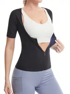 Women's Sweat Workout Shirt, Slimming Waist Cincher Top, Zipper Short Sleeve Design, Chest Support & Body Shaping Gym Wear, Gym Sportswear
