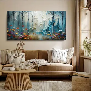 Forest Wildflower Canvas Wall Mural Retro Style Oil Painting Village Style Wall Decoration Y2K Room Poster for Modern Home Living Room Bedroom Vintage Charm