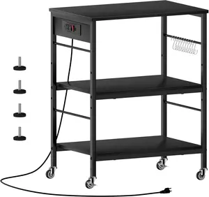 Bakers Rack with Power Outlet Black Coffee Station Cart Table on Wheels Microwave Stand Table with Storage Shelf for Kitchen Living Room Bedroom