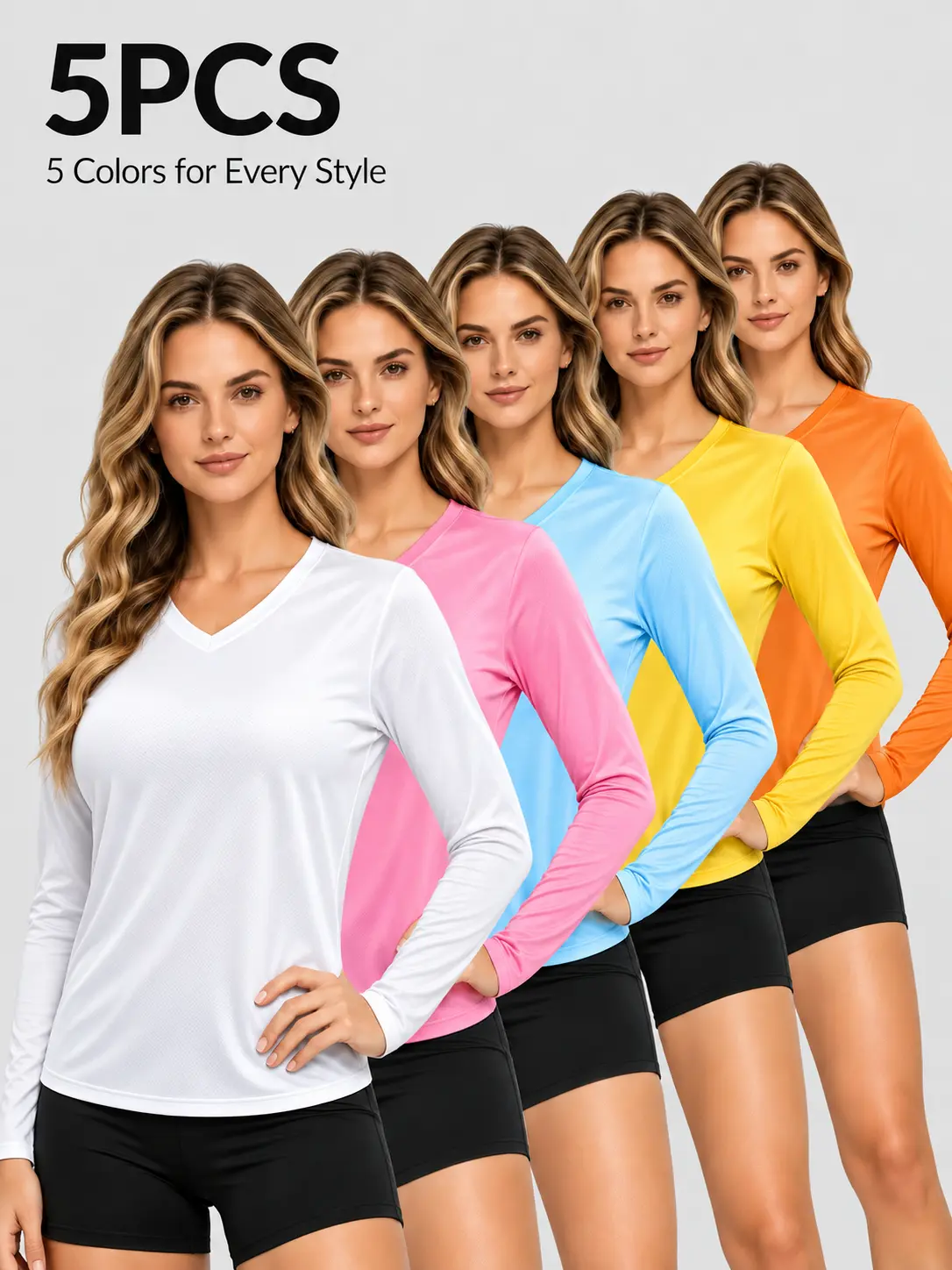 Women’s 5-Piece V-Neck Long Sleeve Layering Sports Tops - Lightweight Fine-Mesh Knit, Relaxed-Fit, Everyday Collection for Outdoor Activities, Sports & Fitness
