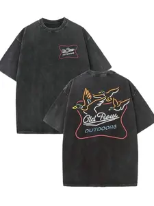 Street Style Oversized Washed T-Shirt, Vintage Neon Style Duck Hunting Art Print Casual Tee, Unisex Loose Fit Crew Neck Short Sleeve, Grunge & Country Outdoor Fashion Top for Men & Women