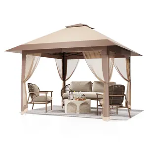 13x13 Pop Up Gazebo Tent With Mosquito Netting Double Vented Roof Outdoor Canopy Shelter With Adjustable Height Waterproof UV Resistant Sun Shade For Backyard And Garden Khaki