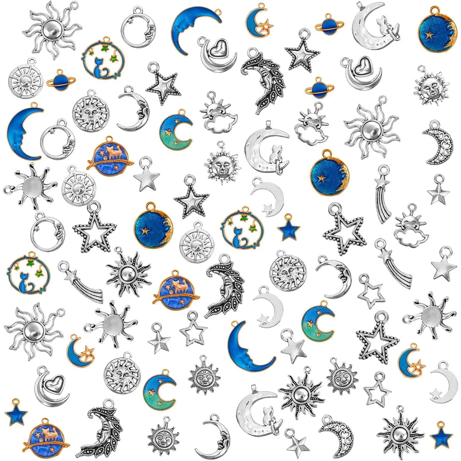 108 count  Charms, Mixed Antique  Sun Stars Moon Charms Pendants, Assorted  Plated Enamel  Moon Star Celestial Charm Pendant for Earrings Necklace  Crafting