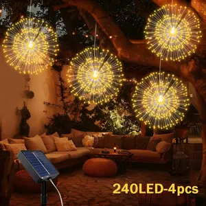 4pcs, Solar Copper Wire Fireworks String Lights, Outdoor Starburst Ball Lights, 8 Modes, Hanging Fairy Lights, Yard Decorative Lights, Create a Romantic Atmosphere, Suitable for Gardens, Balconies, Umbrellas, Gardens, Weddings, And Parties, Yard Lighting