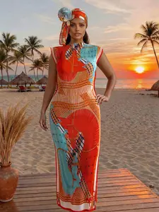 Elegant Ruffled Bodycon Moo Moo Long Dress Set, Horse Print Robe Hooded Shawl + Long Silk Scarf, Women's Beach Sun Protection Wrap, Swimwear Coverups, Beach Swimsuit Cover