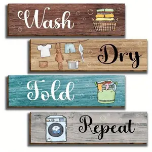 Wash Dry Fold Repeat Letter Pattern Wooden Sign Signage, 4 Counts/set Laundry Room Decor, Wall Art, Home Decor Signs for Laundry Room