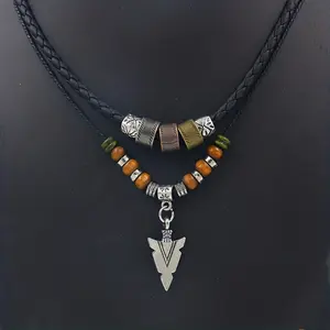 Vintage-Inspired Stacked PU Leather Rope Beaded Necklace - Unique Tribal Arrow Pendant, Layered Design, Men's Jewelry, Perfect for Casual or Formal Occasions