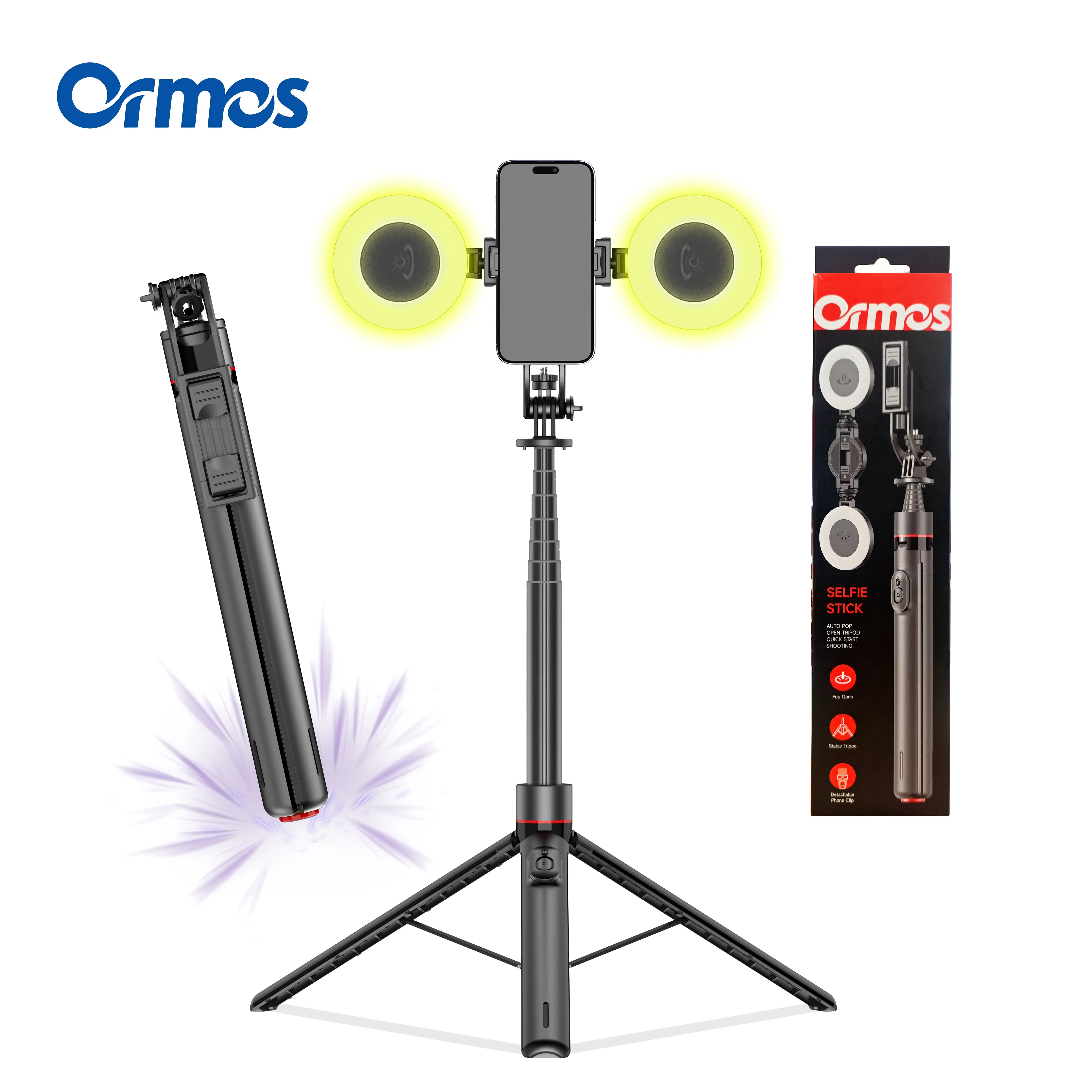 ORMOS 69in Magnetic Selfie Stick Tripod with LED Light - Aluminium Alloy Extendable, Portable Foldable Detachable, MagSafe Compatible, Auto Pop-Up Stand, Smartphone/Cellphone Mount, Phone Clip for Vlogging, Gym