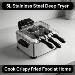5L Stainless Steel Deep Fryer with 2 Frying Baskets, Adjustable Temp, Fast Heating Electric Fryer for Home Kitchen, Commercial Use, Perfect for Fried Chicken, Fries & More