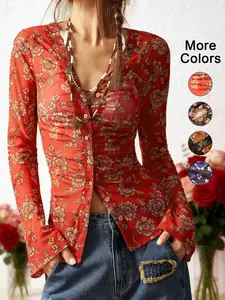 Women's Floral Print Slim Fit Vintage Shirt, Casual Vacation Wear, Valentine's Day Versatile Mesh Top, Spring & Fall Fashion